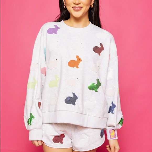 QUEEN OF SPARKLES Gray Sweatshirt with Multicolor Sequin Bunny Appliqués - Picture 5 of 7
